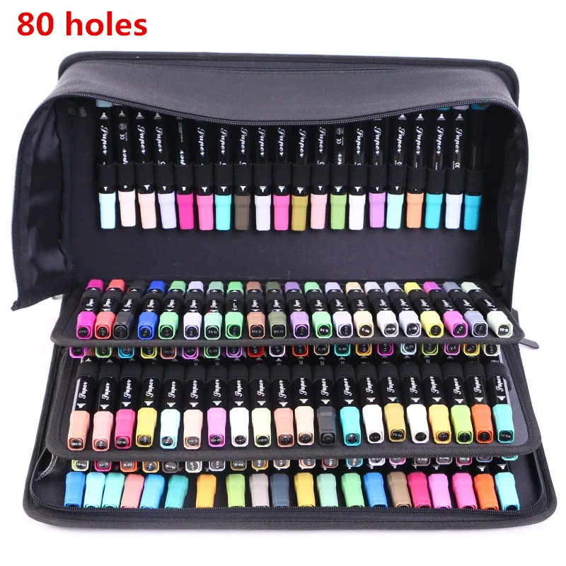 

New 80 Holes Marker Pen Bag Set PU Large Capacity Pencil Case Painting Package Storage Bag Stationery Box Set School Gift