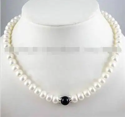 

FREE SHIPPING HOT sell new Style >>>> 7-8mm White Akoya Pearl/Black Rich Agate Bead Necklace 17