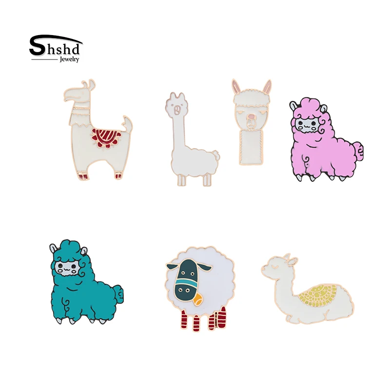 

shshd Alpaca Brooch Pink Blue White Sheep Cartoon Animal Enamel Pins Kid Backpack Badges Jackets Lapel Button Pin Kawaii Jewelry