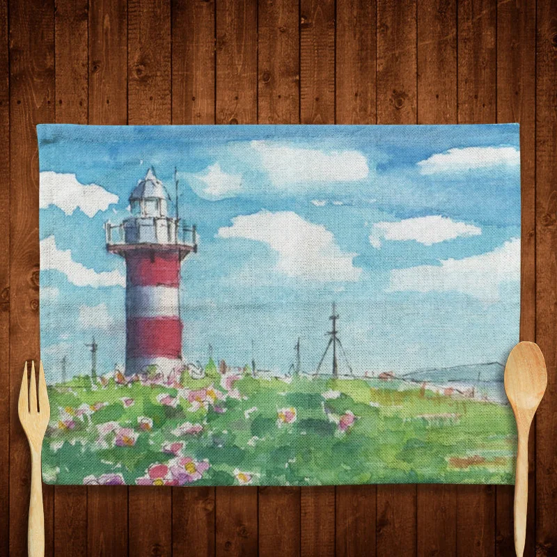 Brief Scenery Linen Table Mats Western Bowl Pad Non-slip Flowers Pattern Placemats For Dining Kitchen Decorate Table Coaster