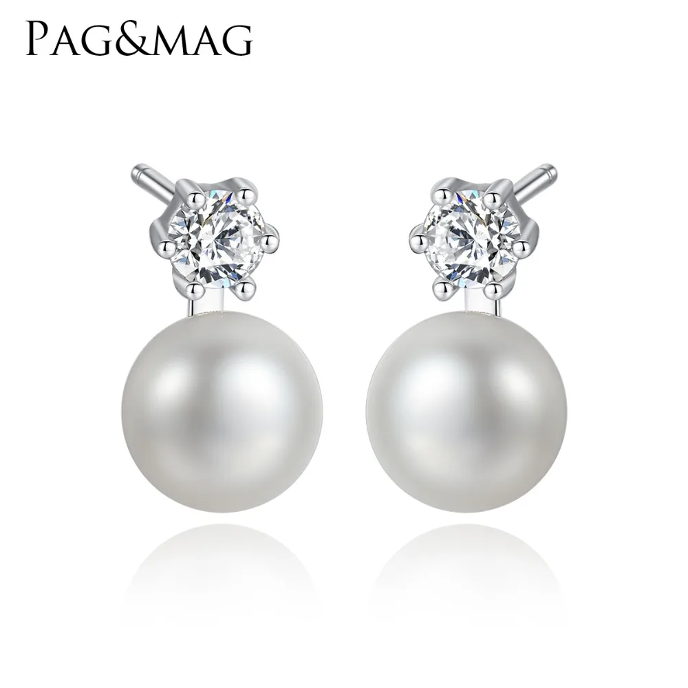 

PAG&MAG Natural Freshwater Pearl Stud Earrings for Women Pure 925 Sterling Silver 6 Prong With Zirconia Fine Jewellery Gift 2018