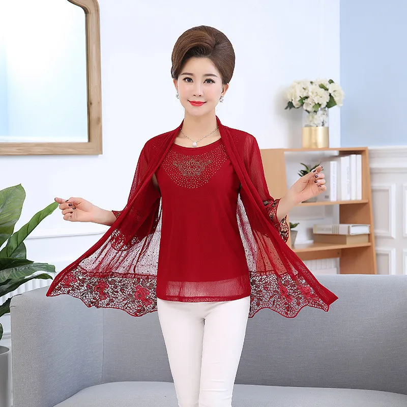 Осенняя мода вышивка выдалбливают Рубашка Большой размер для женщин из двух частей старая мать Кружева стразы с цветочным принтом топы - Цвет: Red