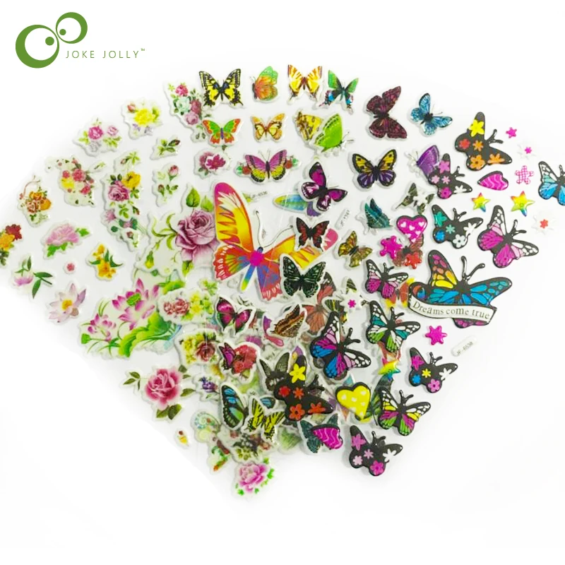 

5 Sheets/lot Fashion Brand Kids Toys Cartoon 3D Stickers Children Girls Boys PVC Butterfly Flower Stickers Bubble Stickers GYH