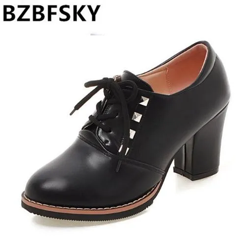

2018Casual Lace Up Ankle Thick High Heels Ladies Shoes Ankle Spring Rivets Spike Vintage Womens Pumps Plus size