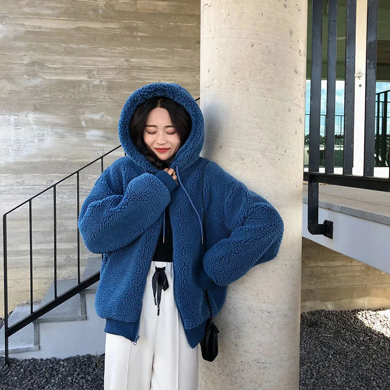 

New 2018 Winter and Autumn Lamb Hair Hooded Zipper Jacket Female Korean Loose Thick Warm Cotton Coat