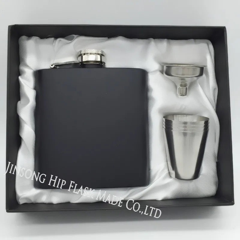

Mixex color 6oz hip flask gift box with 4 cups and one funnel in black gift box