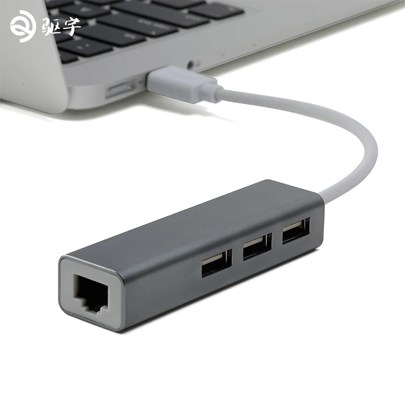 Алюминий сплав USB2.0 концентратора Ethernet-адаптер+ 3 Порты и разъёмы концентратор USB 2,0 RJ45 10/100 Мбит/с Lan для macbook Windows 10/8/7/XP - Цвет: Серый