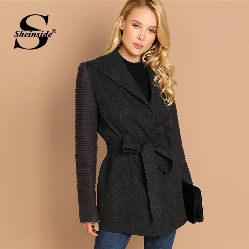 Sheinside Grey Quilted Sleeve Belted Coat Women Autumn Jacket 2018
