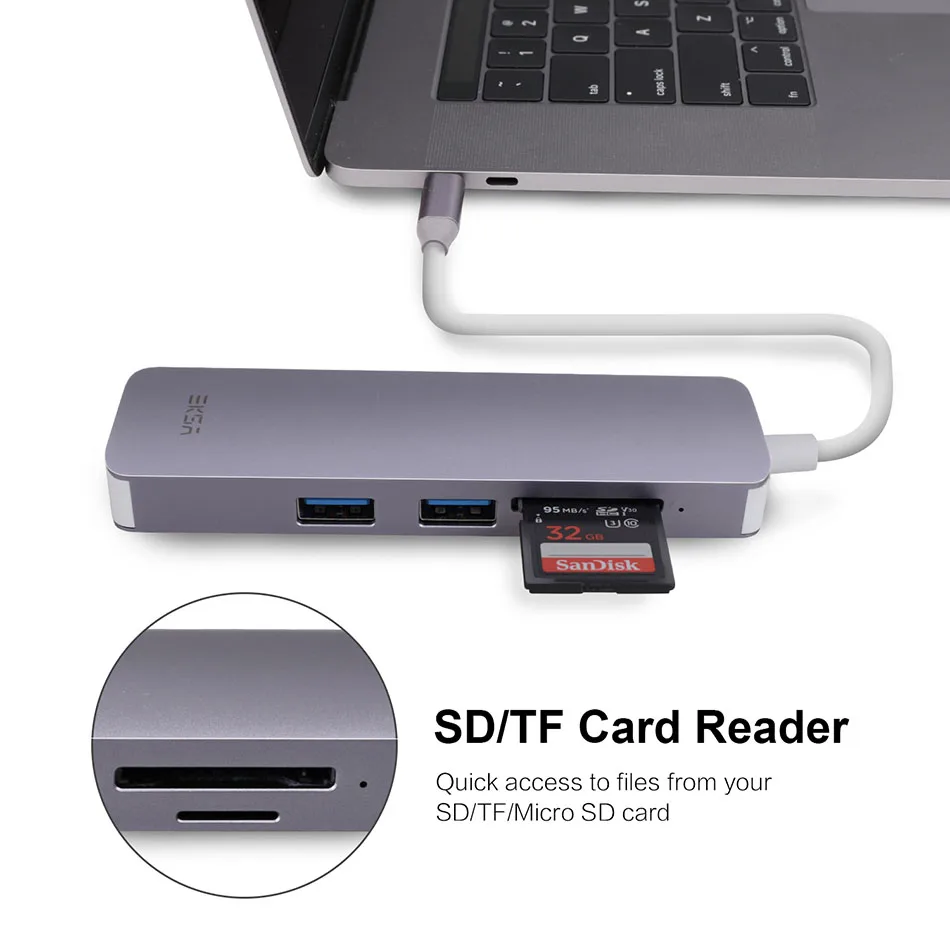 EKSA USB C концентратор адаптер Алюминий 5 в 1 Multi Порты и разъёмы Тип C Hub с 1000 м RJ45 Ethernet Порты и разъёмы, 2 USB 3,0 Порты, SD & Micro SD Card