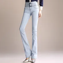 3059 Высокая талия облегающие брюки клеш Джинсы женские с поясом полная длина тощий высокого качества Весна винтажные колокольчики джинсы с кроем для женщин