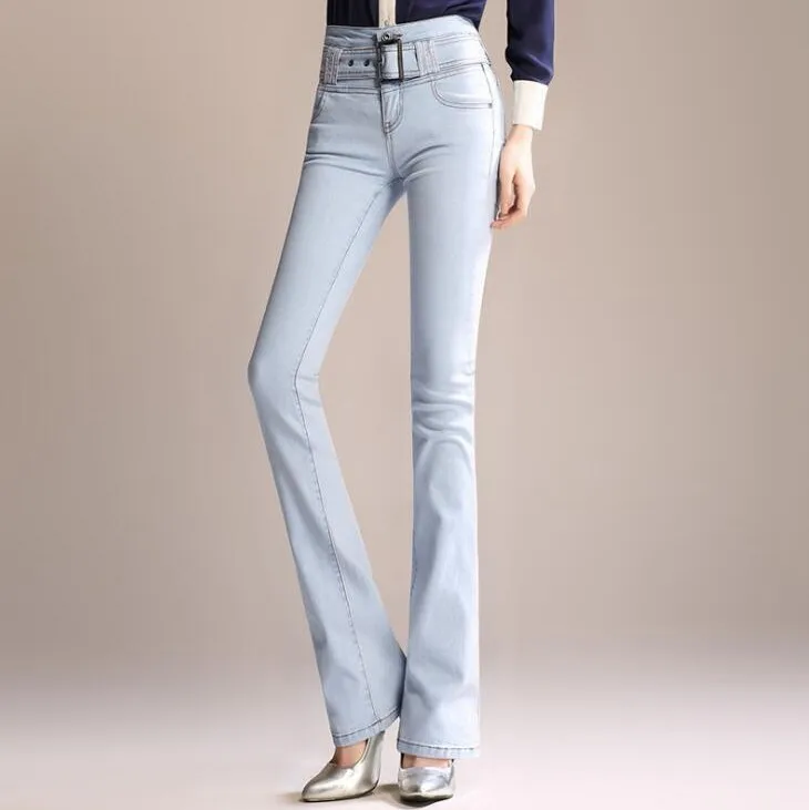#3059 High Waist Slim Fit Flare Jeans Women With Belt Full Length Skinny High Quality Spring 2019 Vintage Bell Bottom Jeans