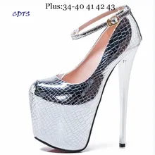 Crossdresser Plus:34-42 43 Spring 19/20cm thin high heels Female Shoes Gold/Sliver Patent Leather Platform Women Buckle Pumps