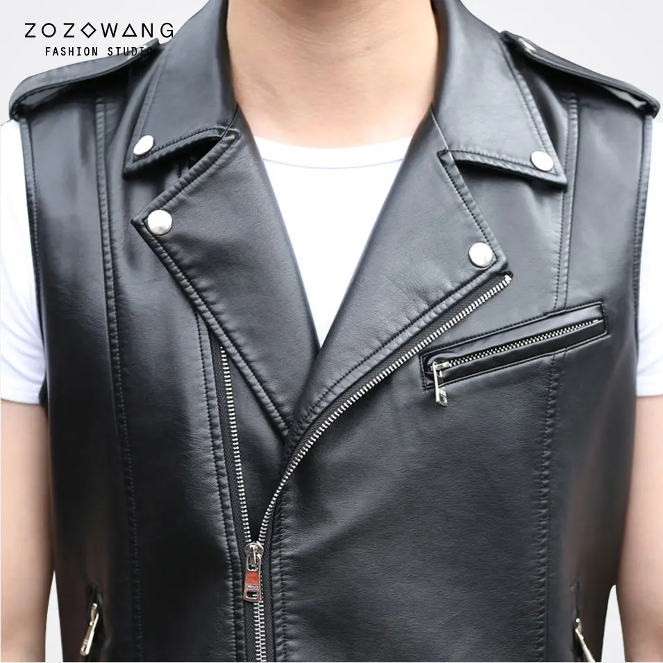 zozowang spring summer solid shore loose casual leather vest men turn down collar zipper belt sleeveless leather vest men