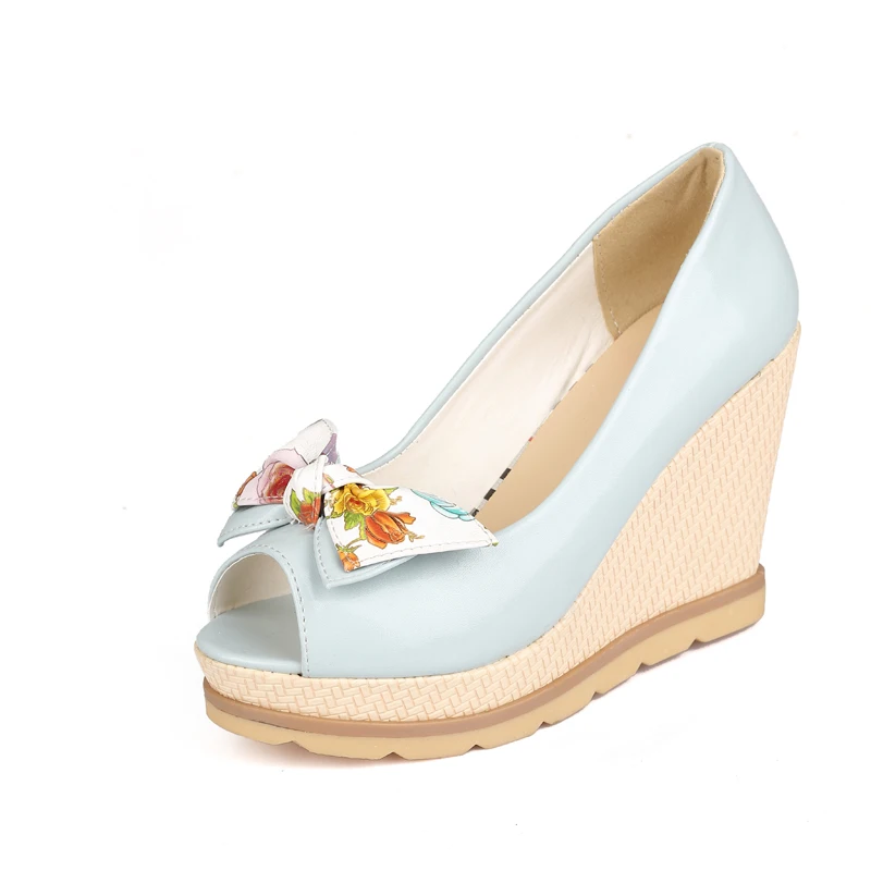 

2015 spring and summer sweet all-match open toe wedges shallow mouth ultra high heels bow soft women's shoes free shipping
