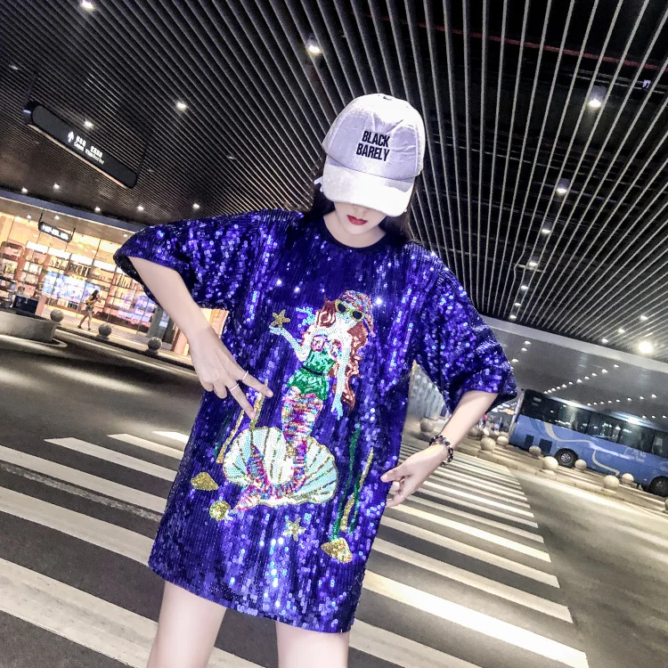 

Dangal T Shirt With Sequins Cartoon Mermaid Girl T Shirts Women Casual Sequined Hop Clothing Club Party Woman tshirt O-Neck tops