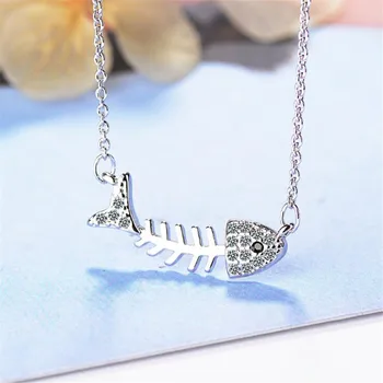 

Cute Exquisite Korean Fashion 925 Sterling Silver Jewelry Personality Fish Bones Crystal Clavicle Chain Pendant Necklaces H143