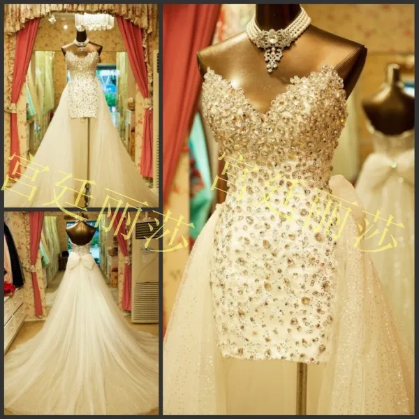 

Custom Floor Length Sweetheart Crystal Beaded Wedding Gown Design Vestidos PX62610 Casamento Detachable Skirt Wedding Dress 2015