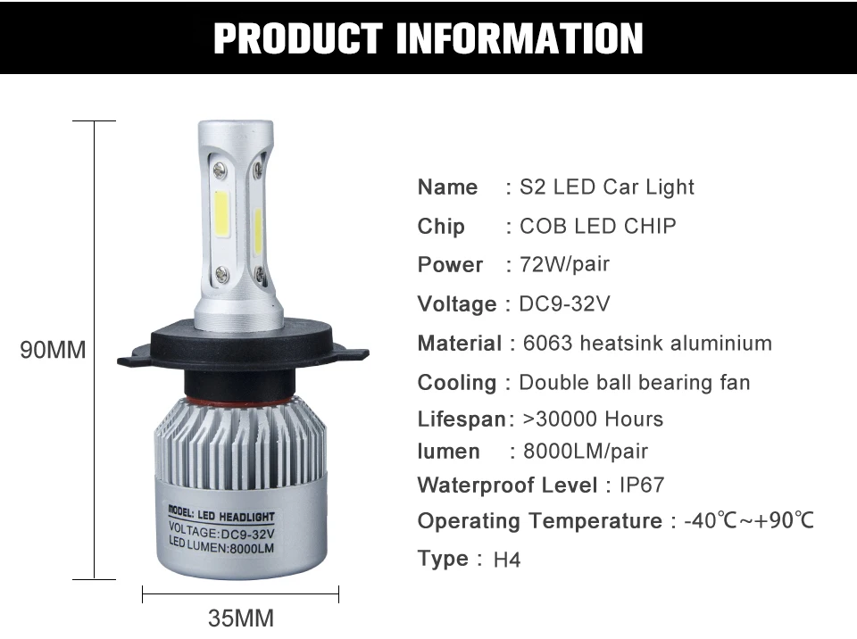 VooVoo H4 LED Motorcycle Headlight Bulb 4000LM 36W HiLo Conversion Kit 6500K Motor Bike Headlamp 1Pcs 9)