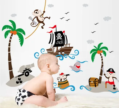  Creative kindergarten school classroom glass decorative coconut trees pirate ship children room wal - 32835128226