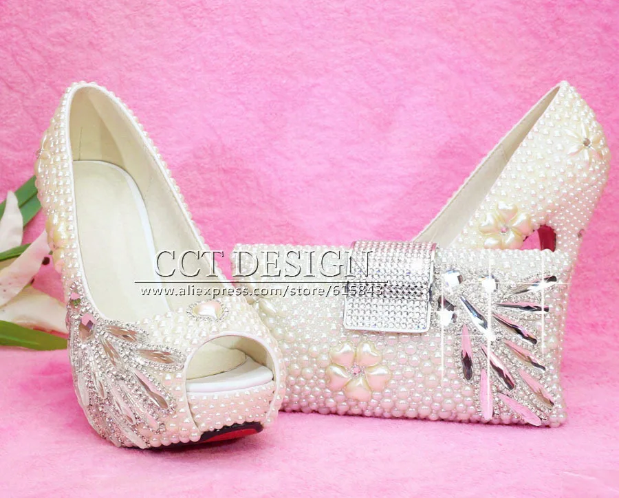 ultra high heels platform pumps rhinestone bridal shoes ivory white pearl wedding shoes wedding dress shoes with matching bags