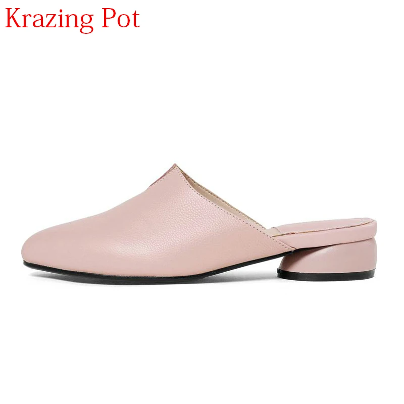 

2018 New Genuine Leather Elegant Slingback Elegant Mules Streetwear Thick Heel Summer Shoes Pointed Toe Vacation Women Pumps L98