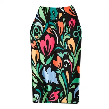 

2019 Spring Summer Vintage Fashion Printed Pencil Skirt Women Knee-Length Elastic High Waist Ladies Pattern Casual Skirts