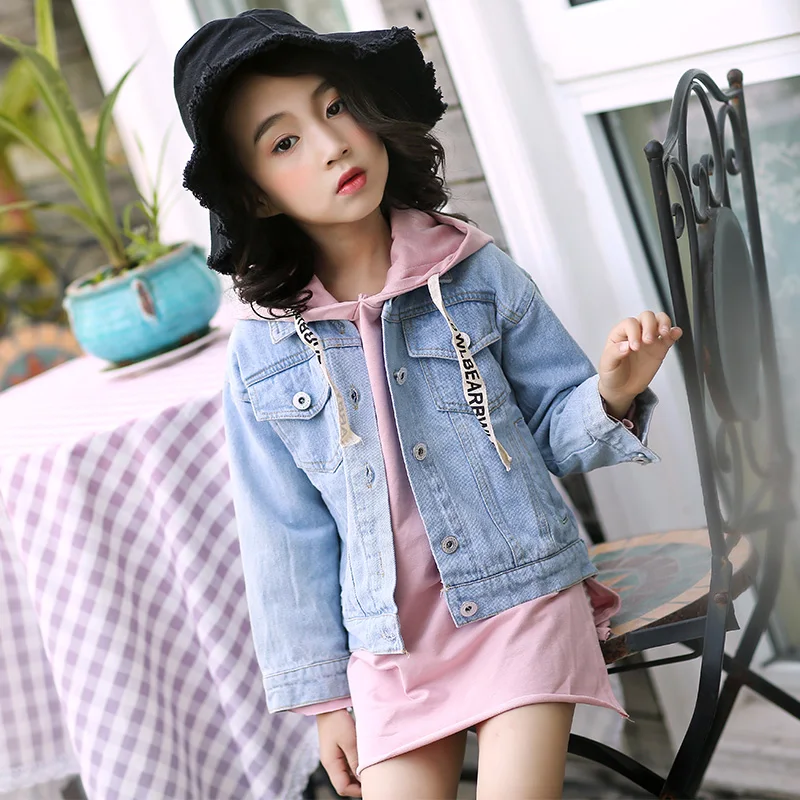 

JMFFY Girl Sets Autumn 2019 Denim Hooded Shirts Children Outwear Clothing Princess Girl Suits Fall Jeans Buttons Toddler Clothes