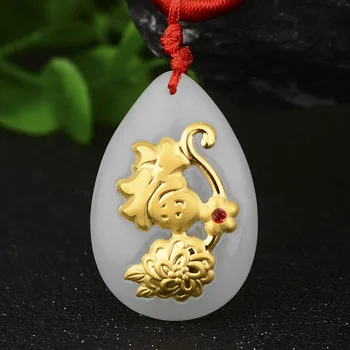 

Men Women Hetian Jade 24k Gold Necklace Pendant Natural Jade Flower Water Drop Pendants For Christmas Exquisite Gift