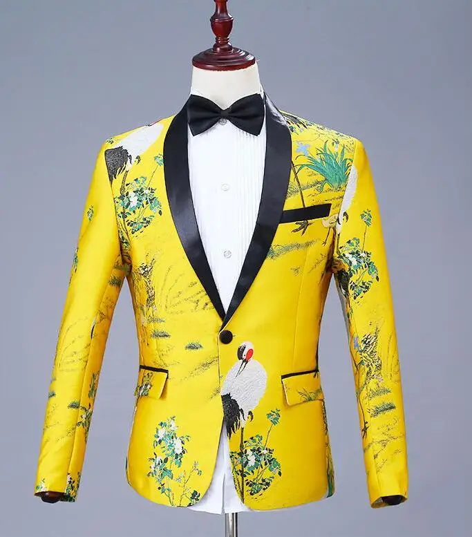 blazer PYJTRL Мужская модная шаль с отворотом жаккардовый красно-коронованный кран Блейзер Золото Желтый вечерние костюмы певцов Свадебный костюм жениха куртка - Цвет: blazer