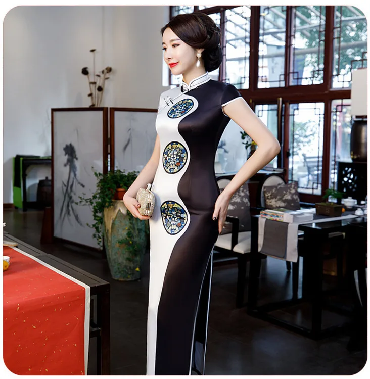 SHENG COCO M-4XL плюс размерное Ципао Платья Вечерние шелковые атласные красные сексуальные длинные Qipao тонкий принт Восточный стиль женитьба