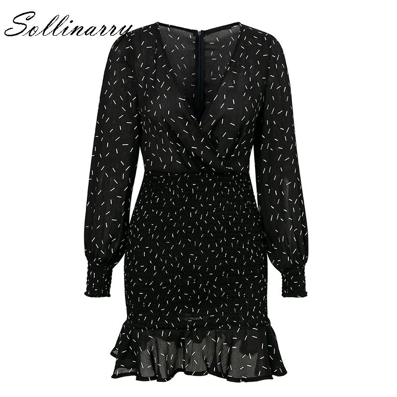Sollinarry с длинным рукавом Повседневное сексуальное короткое платье; Для женщин летний комплект одежды с рюшами черный Платья для вечеринок обтягивающие, с эластичным поясом роковой женщины