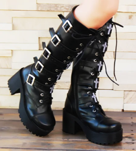 

Women PU Leather Cosplay Punk Platform High Block Heel Knee High Boots Buckles Lace Up Chic Shoes X12