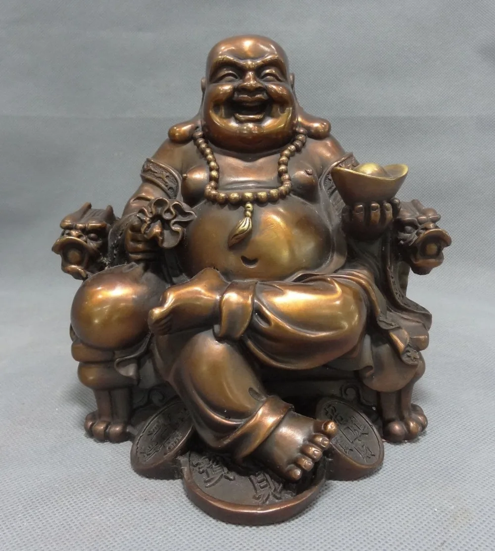 

China Pure Bronze Wealth YuanBao Dragon Head Happy Laugh Maitreya Buddha Statue