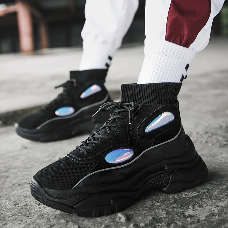 

BomKinta High Top Sneakers Men Shoes Glitter Stretch Sock Shoes Men Unisex Dad Chunky Black White Sneakers Height Increasing