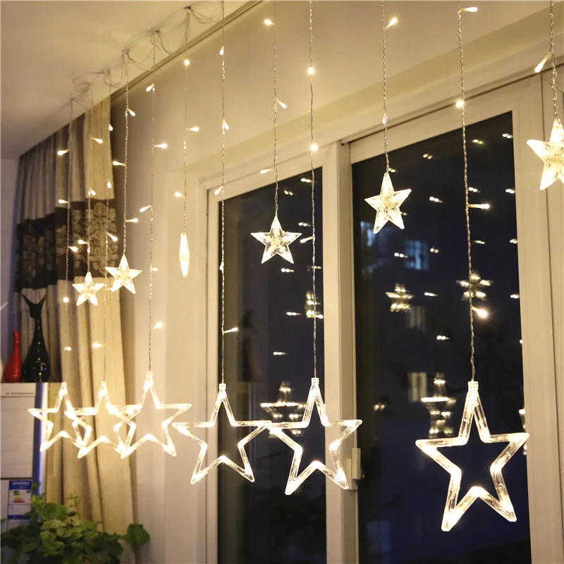 cheap 138 LED Romantic Fairy Star Led Curtain String Light EU Plug 220V 8 Flashing Modes Wedding Party Holiday Decoration Lighting