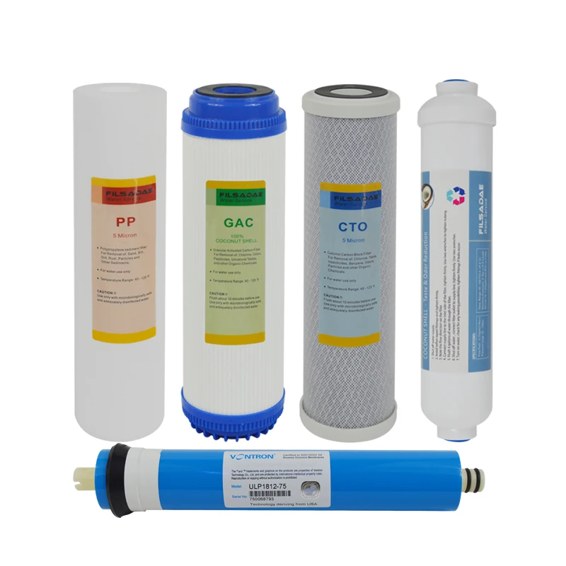 

75GPD Complete Replacement Filter Set For 5-stage Reverse Osmosis Water Filter System Stage 1-5(PP, GAC, CTO, RO Membrane, T33)