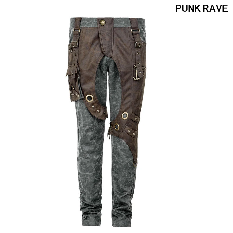 

Gothic fashion Double Color Joining together Pants Steampunk Thick Men military Style Rock Pocket Cool Trousers Punk Rave K-241