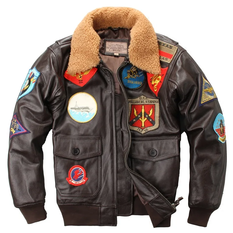 

2019 Air Force Flight Jacket Genuine Leather Jacket Men Fur Collar Cowhide Bomber Jacket Brown Slim Fit Winter Coat Male