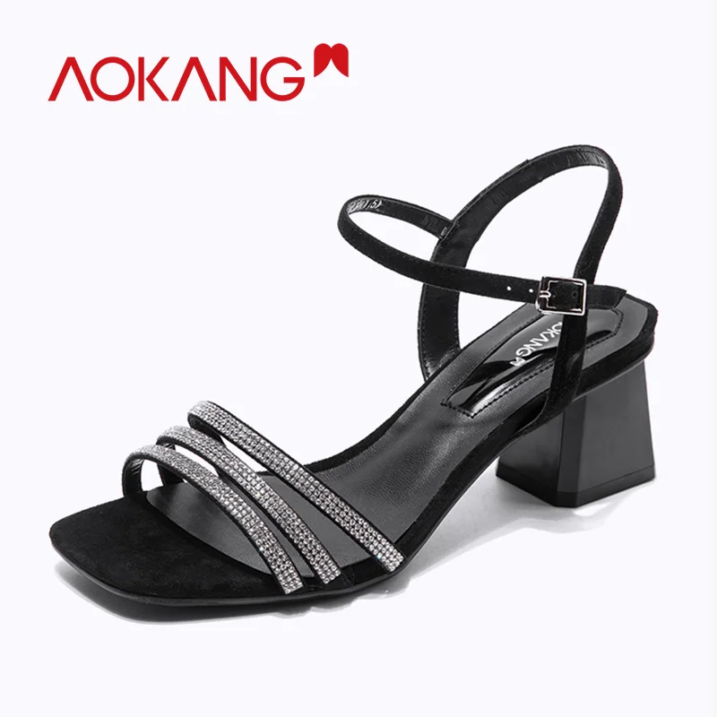 

AOKANG 2019 High heels sandals women fashion square thick heels women shoes ankle strap high quality woman sandals ladies