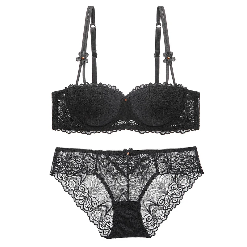 New Women Demi Push Up Bra Sets Fashion Cotton Thin Cup Strappy Elegent Daisy Applique Embroided Lingerie Set Bralet and Panty