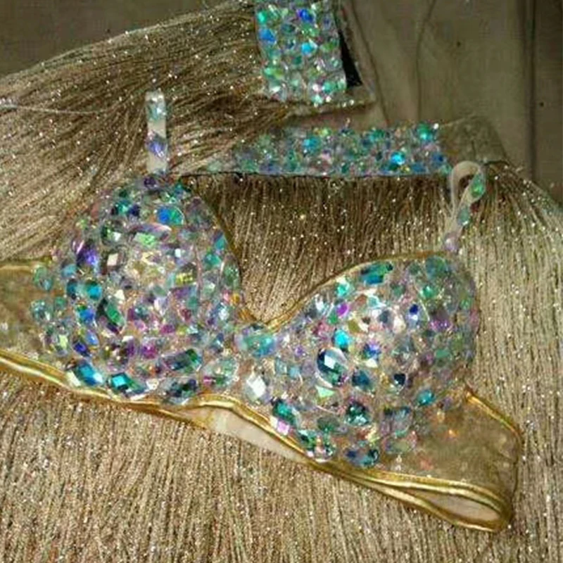 

Jazz Dance Costume Singer Long Golden Tassels Rhinestone For Lady Stage DS Club Bar Dj Dancer Party Evening Sexy Wear DJ245