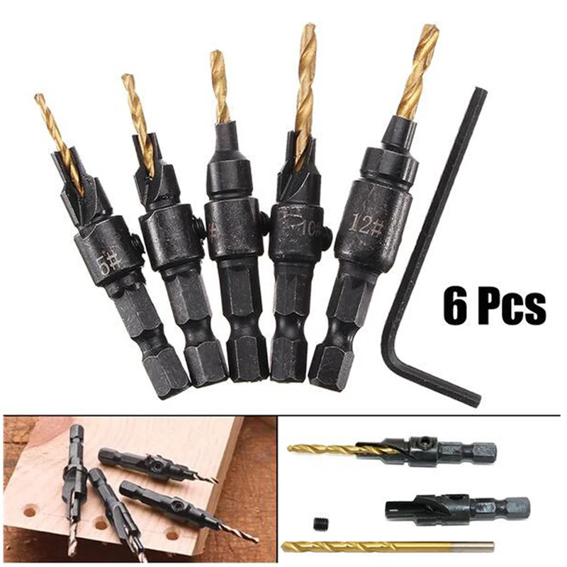 

5pcs Countersink Drill Woodworking Drill Bit Set Drilling Pilot Holes For Screw Sizes #5 #6 #8 #10 #12