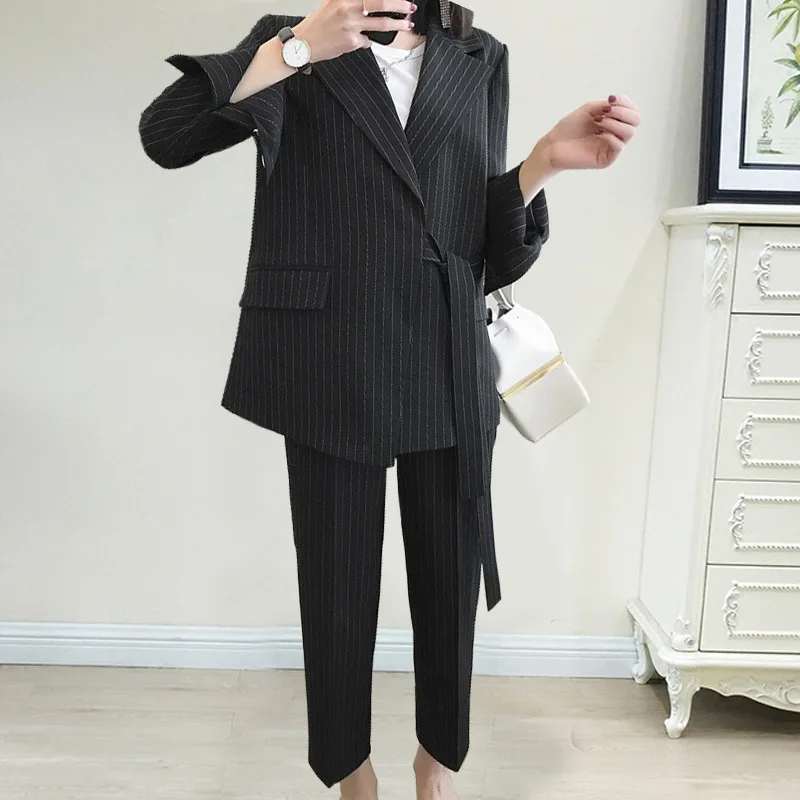 

Plus Size Fashion Women two-piece Sets Spring Autumn New Women Striped Blazers Jacket Belt + Elastic Waist Striped Pants Female
