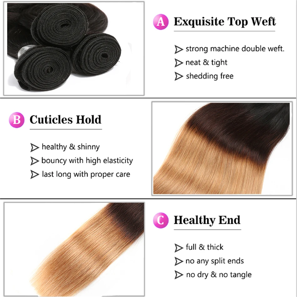 BINF волосы 3 прямое, Омбре человеческие волосы пучки T1B/4/27 волосы Remy 3/4 пучки эффектом деграде(переход от темного к бразильские пучки волос плетение