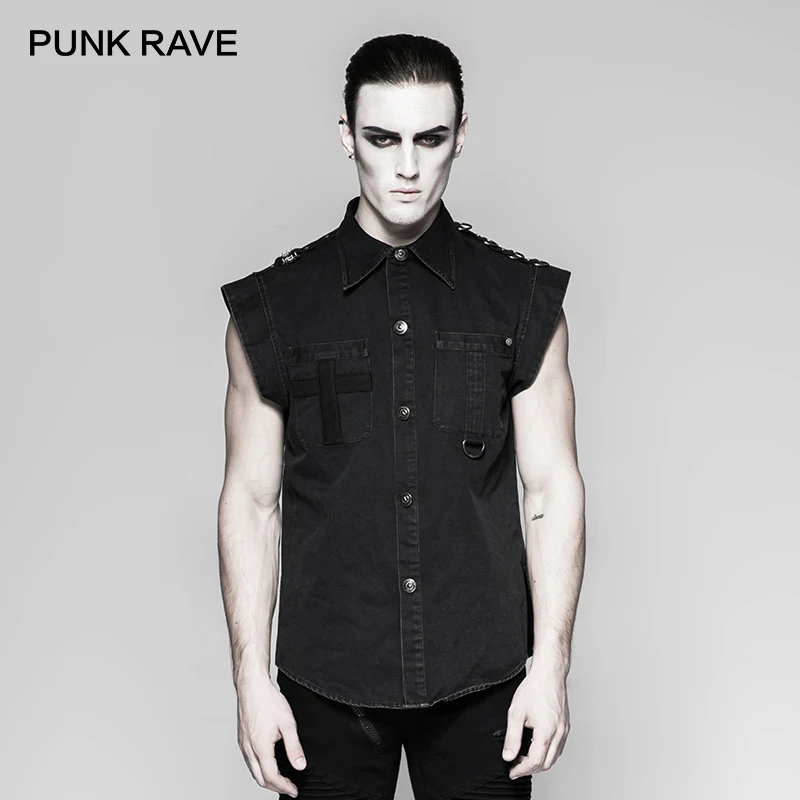 

PUNK RAVE Men Punk Military Style Flying Sleeve Top Cotton Fit Slim Black Personality Short Sleeve Denim Shirt Cool Two Pockets
