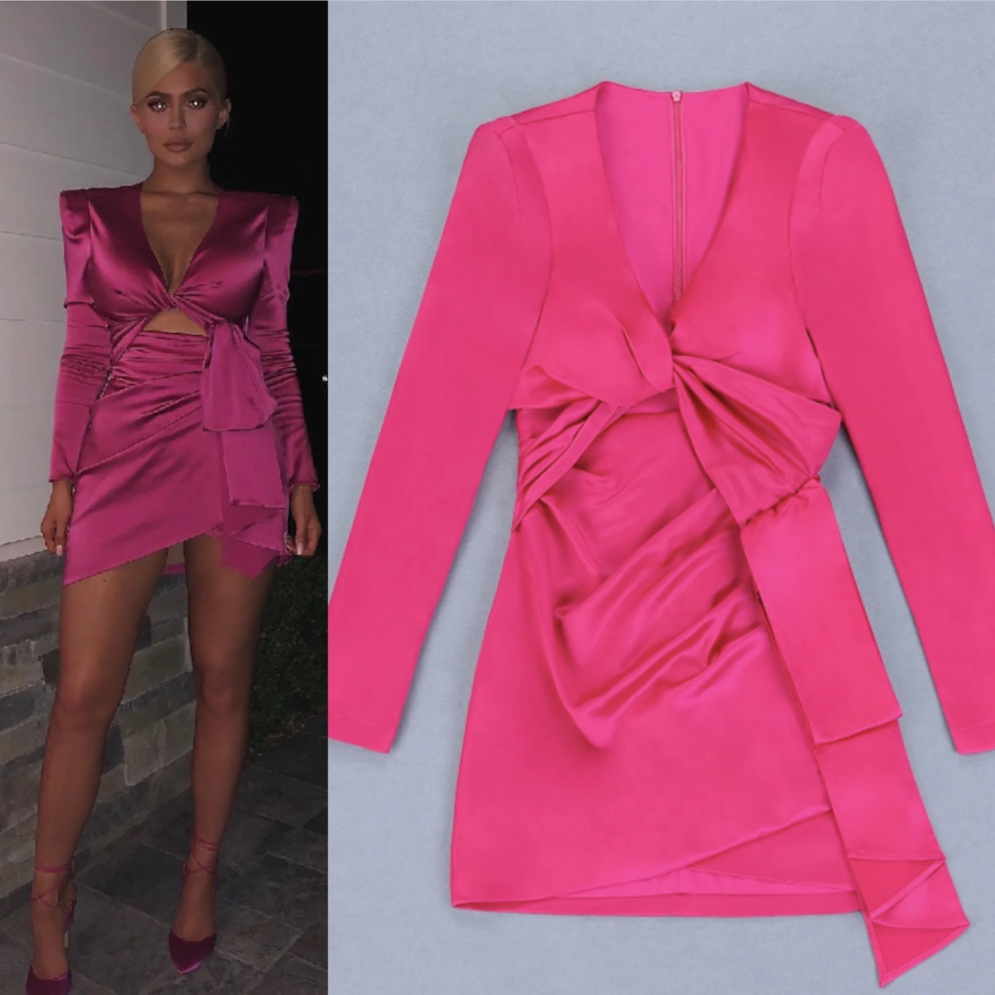 

2019 New Arrival Rose Red Dress Women Autumn Empire Asymmetrical Mini Dress Sexy Deep V Neck Hollow Out Sheath Bandage Dress