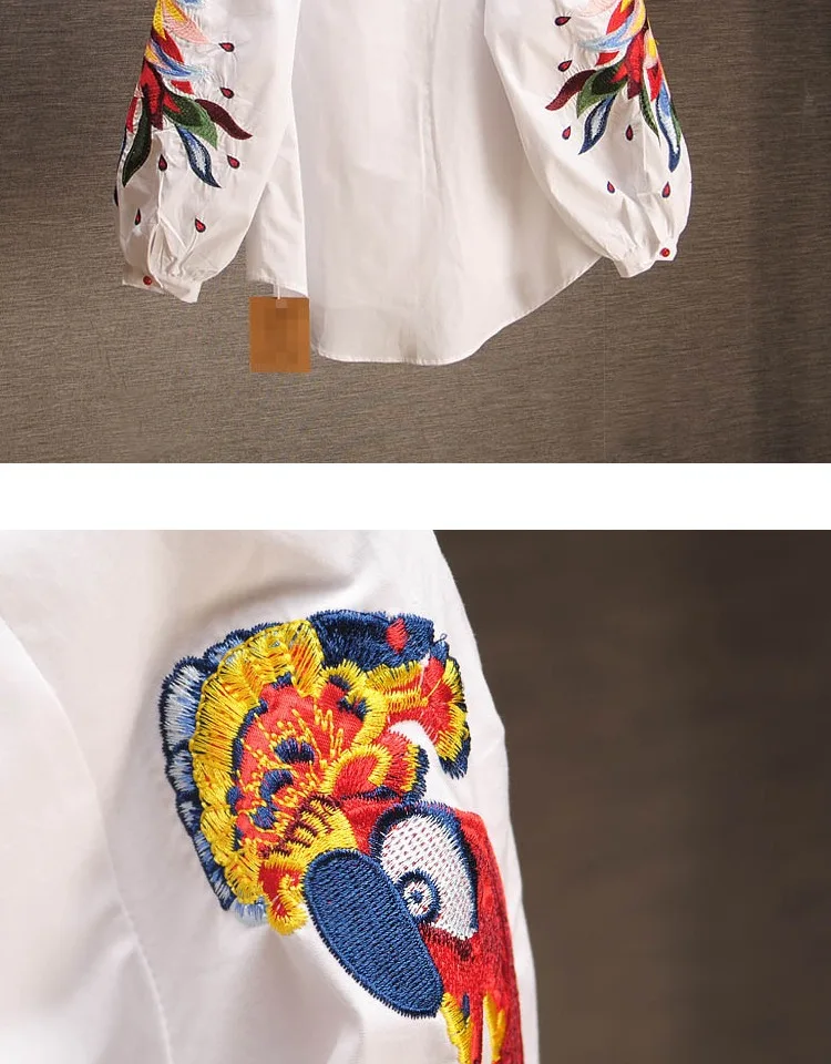 Spring and Summer Cotton Causal Shirts Embroidered Long-sleeved Shirts Woman Full Button Print O-Neck lantern Sleeve Tops