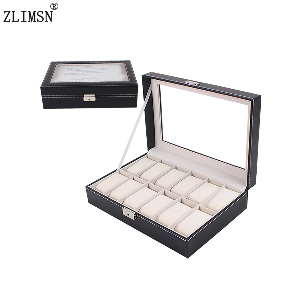ZLIMSN 12 Grid Insert Slots Black PU Leather Luxus Watchbox Wrist Watch