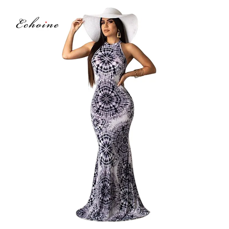 

Echoine Women Summer Beach Dress Bohemia Halter Sexy Mixi Slim Hollow Out Sleeveless Floor-Length Female Clothes Long Vestidos
