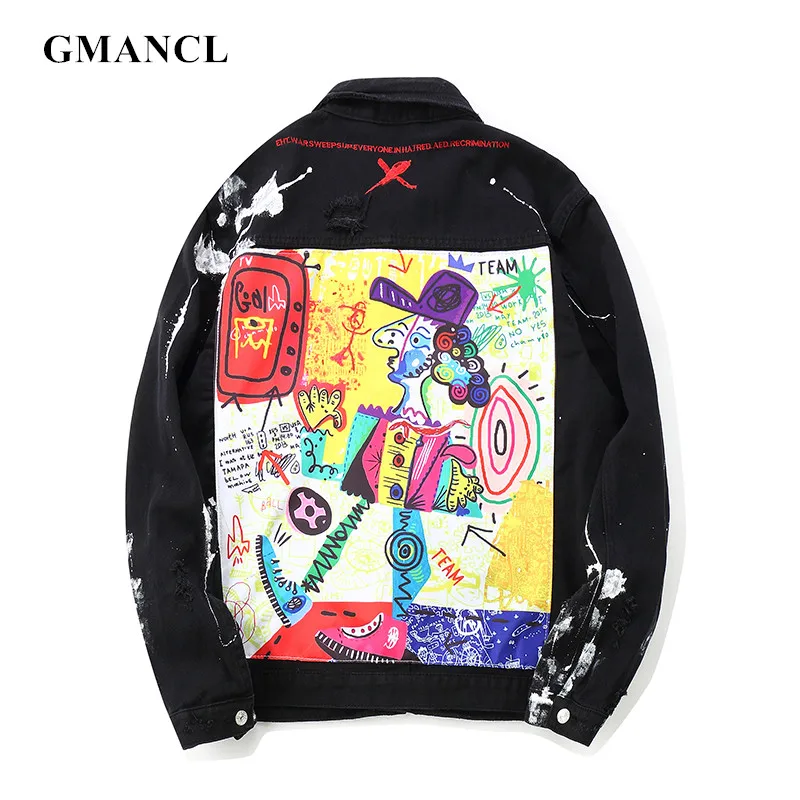 

Men Hip Hop Graffiti Appliques print Denim Jackets Streetwear Hipster Casual motorcycle Cotton Slim fit black Jeans Jacket